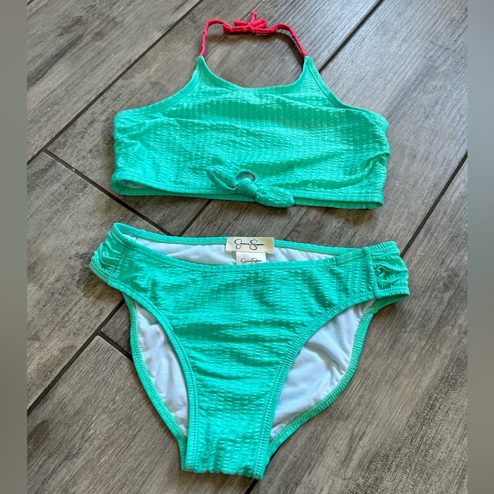 Jessica Simpson aqua stripe faux tie-front halter girls bikini, size 10